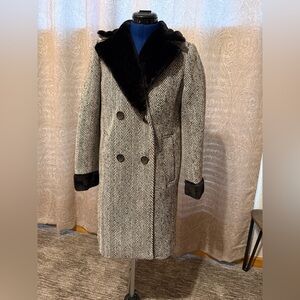 Tahari black and cream, herringbone wool double breasted coat